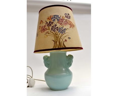 Poole Pottery table lamp with stylised dove handles in pale duck egg colour together with hand painted shadeCondition: Some s