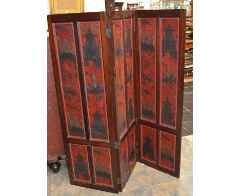 Early 20th Century mahogany three-panel screen with painted Chinoiserie&nbsp; detail