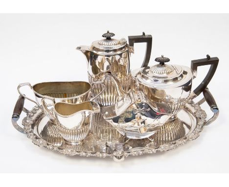 Plated tray with four piece silver plated tea set and sugar caddy