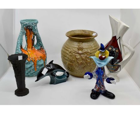 A Studio pottery vase by Alan Ward; Wedgwood black basalt vase; Poole dolphin; Murano glass clown; lava vase; etc (6)Condntio