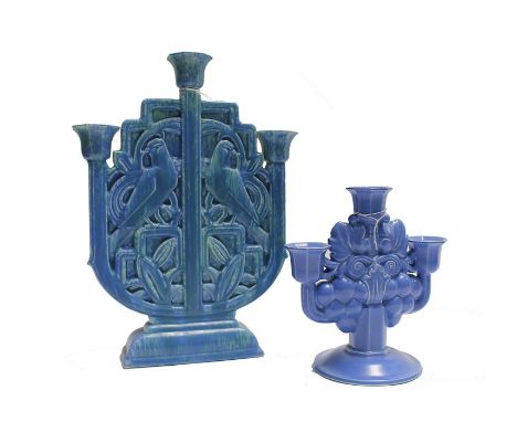 Two Poole Pottery candlesticks, each with three candle holders, John Adams design, circa 1920, smaller 249, 21.5 cms tall, la
