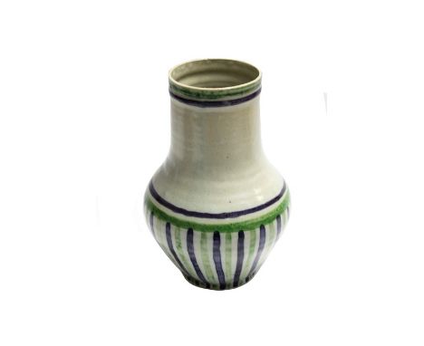 Early Carter and Co Poole Pottery stoneware vase, decorated with green and purple stripes in the style of Vanessa Bell, marke