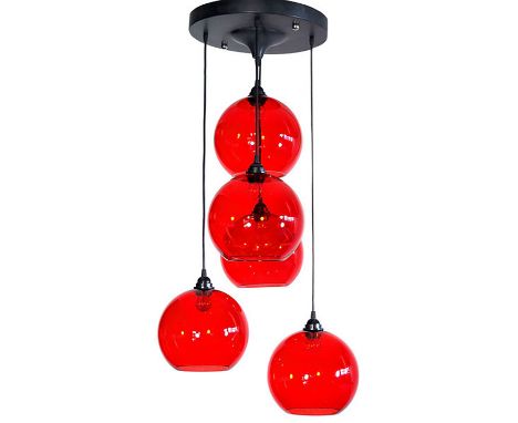A ceiling light, the black circular plate suspending five red glass Murano ball shades, in the manner of Vitosi 
