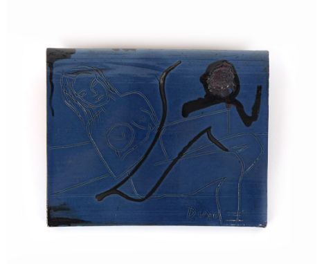 A 1960/70's Spanish ceramic wall plaque depicting a nude figure, inscribed Buxo, 28 x 34 cm
