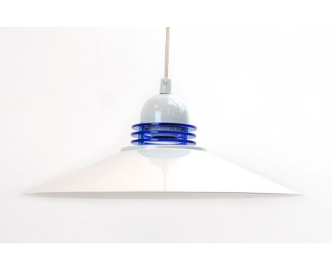 A KC 'Spectra Pendel' ceiling light with a white enamelled shade and blue perspex inner rings CONDITION REPORT: Working order