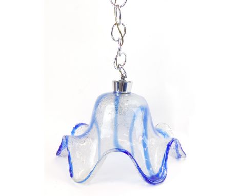 A 1970's ceiling light, the aluminium chain supporting a blue and mottled glass shade, presumably Murano