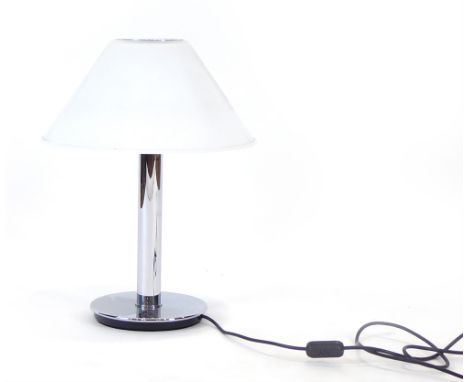 A German Model 6349 table lamp by Glashutte Limburg with a frosted glass shade over a chromed column and base