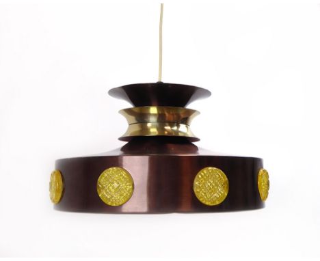 A brown enamelled ceiling light with brass bands and perspex sections CONDITION REPORT: Working order unknown- sold as a coll
