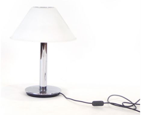 A German Model 6349 table lamp by Glashutte Limburg with a frosted glass shade over a chromed column and base