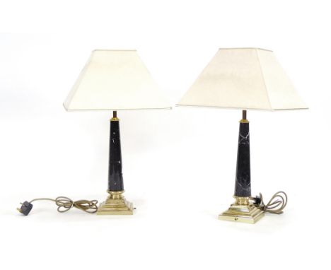 A pair of Classical form polished brass and marble table lamps, h. 64 cm CONDITION REPORT: Working order not guaranteed but c