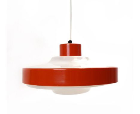 A 1970's orange enamelled ceiling light of squat form with perspex shades