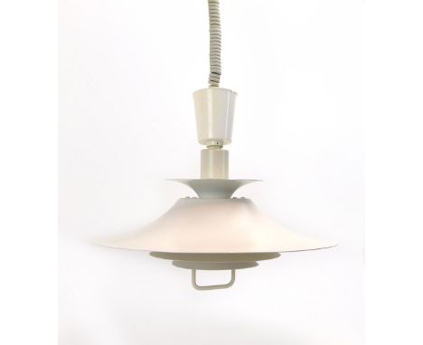 A 1970's white enamelled five-tier pull-down ceiling light CONDITION REPORT: Working order unknown. Some minor wear.