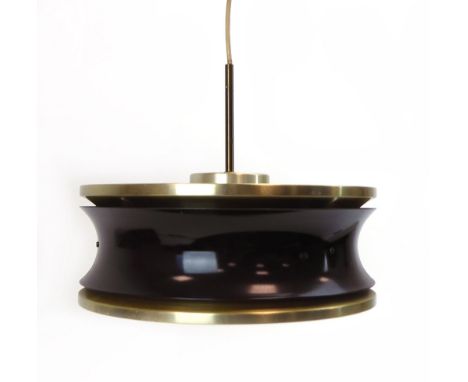A 1970's brown enamelled ceiling light sandwiched with brass bands and a perspex top