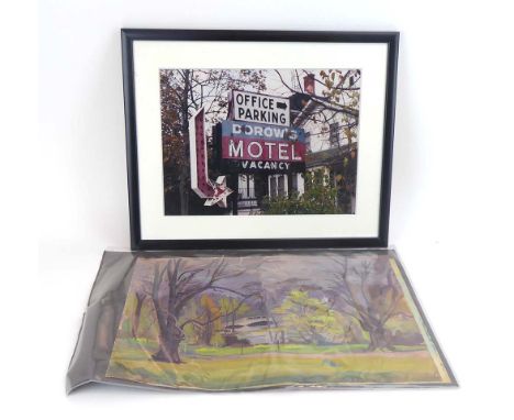 A modern colour photographic print depicting a motel sign, 29 x 39 cm, together with two works on paper of country estates (3