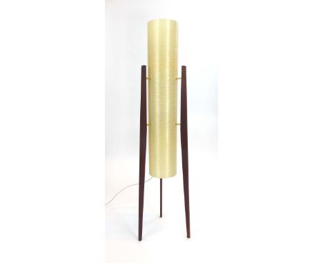 A 1960/70's 'rocket' lamp, the spun plastic shade on three teak supports