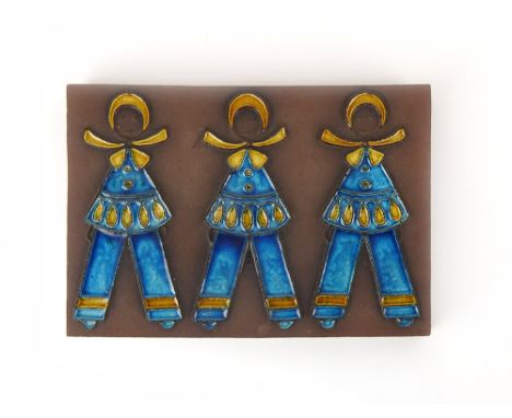 A Knabstrup Dietlinde Hein ceramic wall plaque depicting three girls in blue enamel, 18 x 26 cm