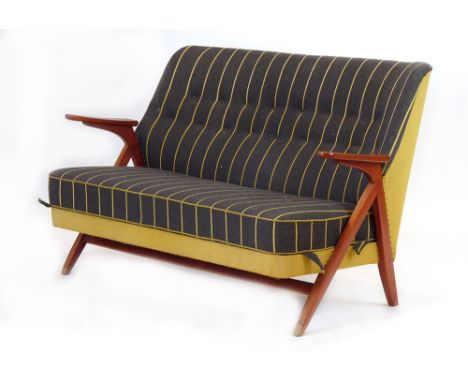 A 1950's Swedish cocktail sofa, the striped button upholstery with stained beech arms and legs CONDITION REPORT: Some minor w