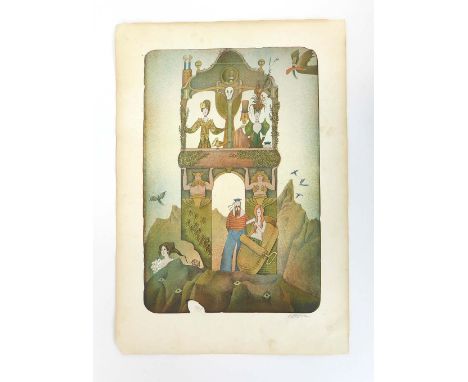 After Adolf Born (1930-2016),a fantastical landscape,signed and numbered 57/65,limited edition lithograph,image 49 x 32.5 cm 