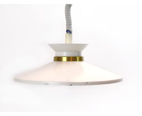 A white enamelled ceiling light with a brass band CONDITION REPORT: Working order unknown. Some minor wear.