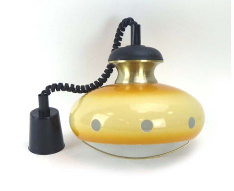 A 1970's pull-down ceiling light with a 'burnt' orange shade
