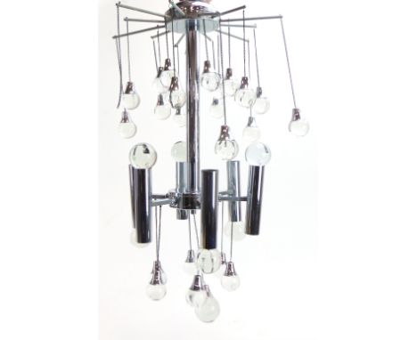 In the manner of Gaetano Sciolari, a three-tier ceiling light with suspended 'raindrop' spots