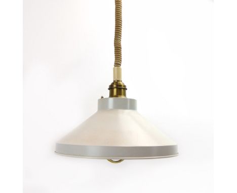 A 1970's white enamelled pull-down ceiling light with a brass handle CONDITION REPORT: Working order unknown. Some minor wear