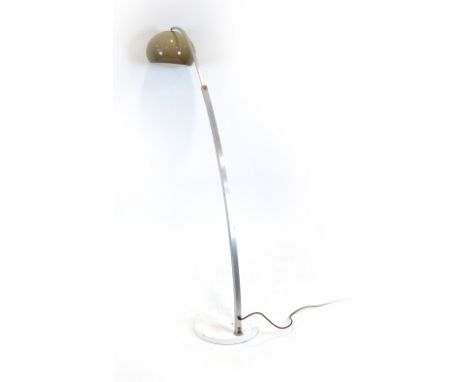 A 1980's Arc-type lamp, the adjustable arc suspending a smoked grey shade, on a white circular base CONDITION REPORT: Attachm