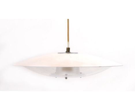 A squat ceiling light with a white exterior and clear plastic shade CONDITION REPORT: Working order unknown. Some minor wear.