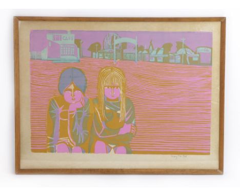 Mary Fox (b. 1922),two girls at the beach, a fun fair in the background,signed and numbered 9/45,limited edition print,50 x 6