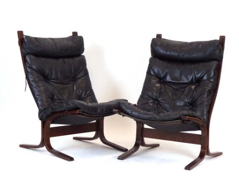 Ingmar Relling for Westnofa, a pair of Norwegian 'Siesta' chairs, the black leather button upholstered seats and backs on ben