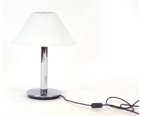 A German Model 6349 table lamp by Glashutte Limburg with a frosted glass shade over a chromed column and base