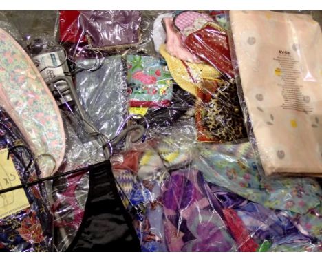 Quantity of scarves, purses and wardrobe tidies, together with mixed pictures and prints. Not available for in-house P&amp;P 