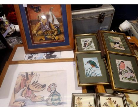 A quantity of prints and an embroidery. Not available for in-house P&amp;P 