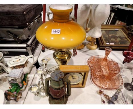 Brass paraffin lamp later converted to electric, and other items. All electrical items in this lot have been PAT tested for s
