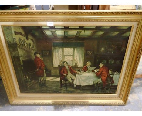 Large gilt framed hunting print on canvas, overall 98 x 72cm. Not available for in-house P&amp;P 