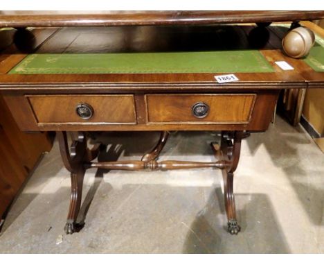 Leather top sofa table on brass castors. Not available for in-house P&amp;P 