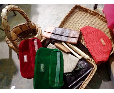 Wicker hamper containing ladies purses and a wicker basket. Not available for in-house P&amp;P 