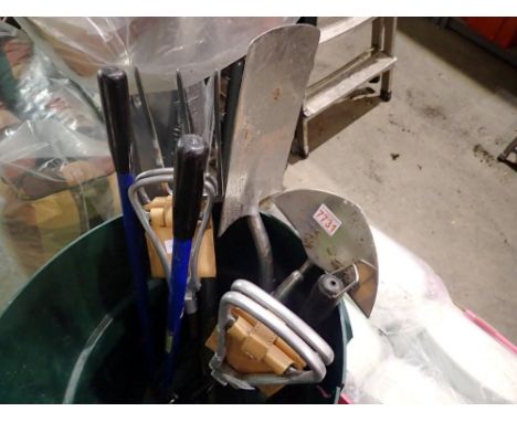 Bin of garden tools and two shooting sticks. Not available for in-house P&amp;P 
