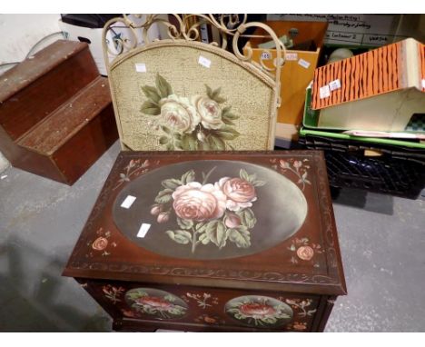 Overpainted floral box and a floral firescreen. Not available for in-house P&amp;P. 