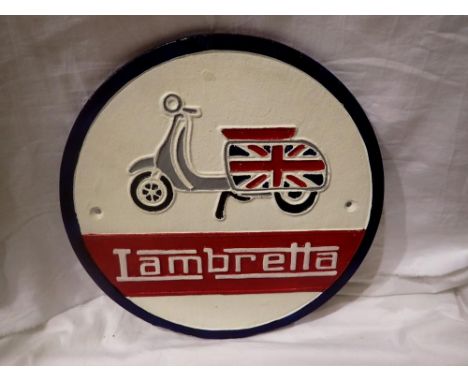 Cast iron Lambretta plaque, D: 35 cm. UK P&amp;P Group 1 (£16+VAT for the first lot and £2+VAT for subsequent lots) 