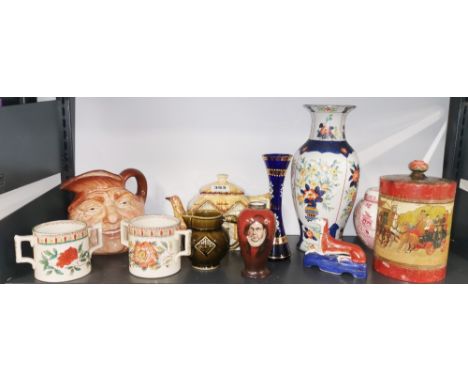 A 1920's painted and poker work decorated tobacco box, H. 20cm. Together with a group of ceramic items.