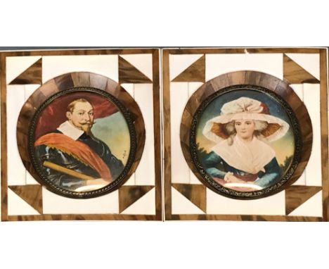 A pair of 20th century hand painted portrait miniatures in piano key ivory frames, L. 14cm.