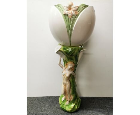 A large ceramic Art Nouveau style jardinière on stand, H. 115cm. (A/F to top of base).
