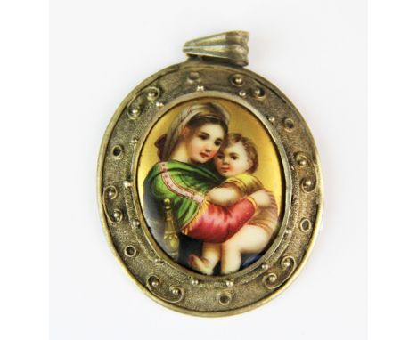 A white metal mounted hand painted and gilt portrait miniature on porcelain, L. 6.5cm.