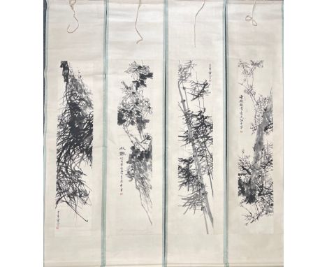 Four Chinese ink on paper scrolls of plums, blossoms, orchid and chrysanthemum attributed to Yu Xining, scroll size 43 x 211c