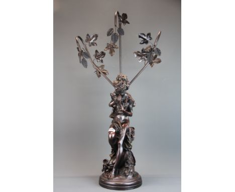 A large resin figure of a young woman with a bird, currently not wired but useable as a lamp, H. 86cm.