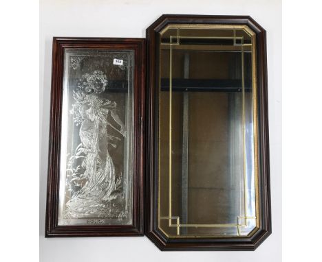 An etched glass mirror, size 38 x 83cm, together with a further framed mirror.