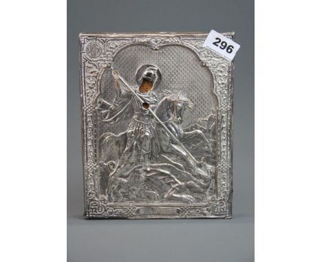 A 19th century Russian silver on copper faced icon of St George, size 18 x 22cm.