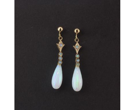 A pair of 9ct yellow gold opal set drop earrings, L. 3cm.