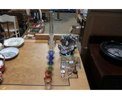 A quantity of glassware to include coloured glass, decanter stoppers, glass vase; glass side plates, desk stand etc. 